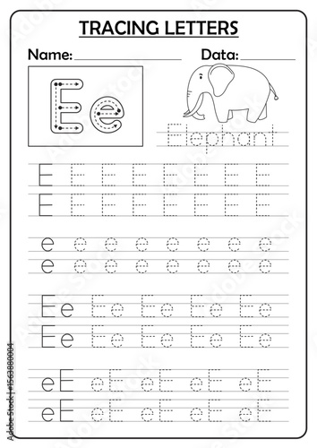 Letter E tracing worksheet with the word Elephant.