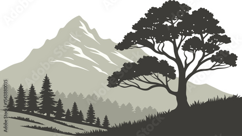 Serene mountain landscape with the silhouette of pine trees and a large deciduous tree