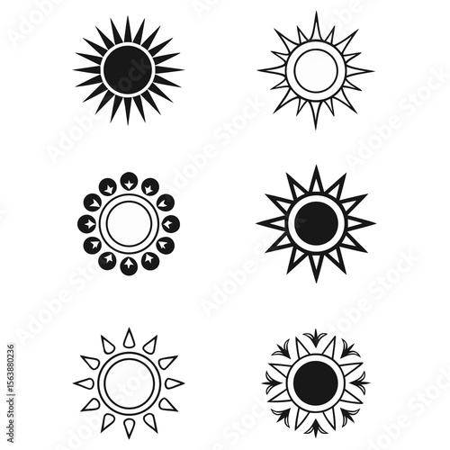 Collection of six stylized sun icons in black and white on a white background