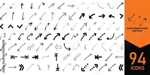Hand-Drawn Arrow Icon Pack – Curved, Dotted, Wavy, Bold, and Sketchy Styles for Creative Use
