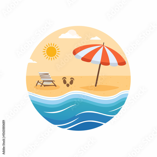 Beach Bliss: Sunny Day by the Seashore: A tranquil beach scene unfolds, showcasing a sunny day with a deckchair, striped parasol, and gentle waves, offering a serene escape into coastal relaxation. 