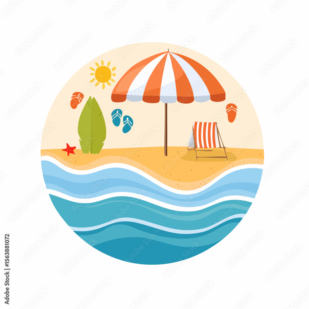 Fototapeta premium Coastal Serenity: Capture the essence of a perfect summer day at the beach, with a vibrant illustration of an umbrella, a surfboard, and a lounger by the gentle waves. 