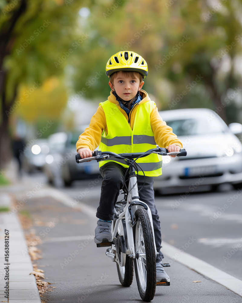 Fototapeta premium Little boy safely riding bicycle along bike lane, wearing yellow safety gear, urban commuting concept