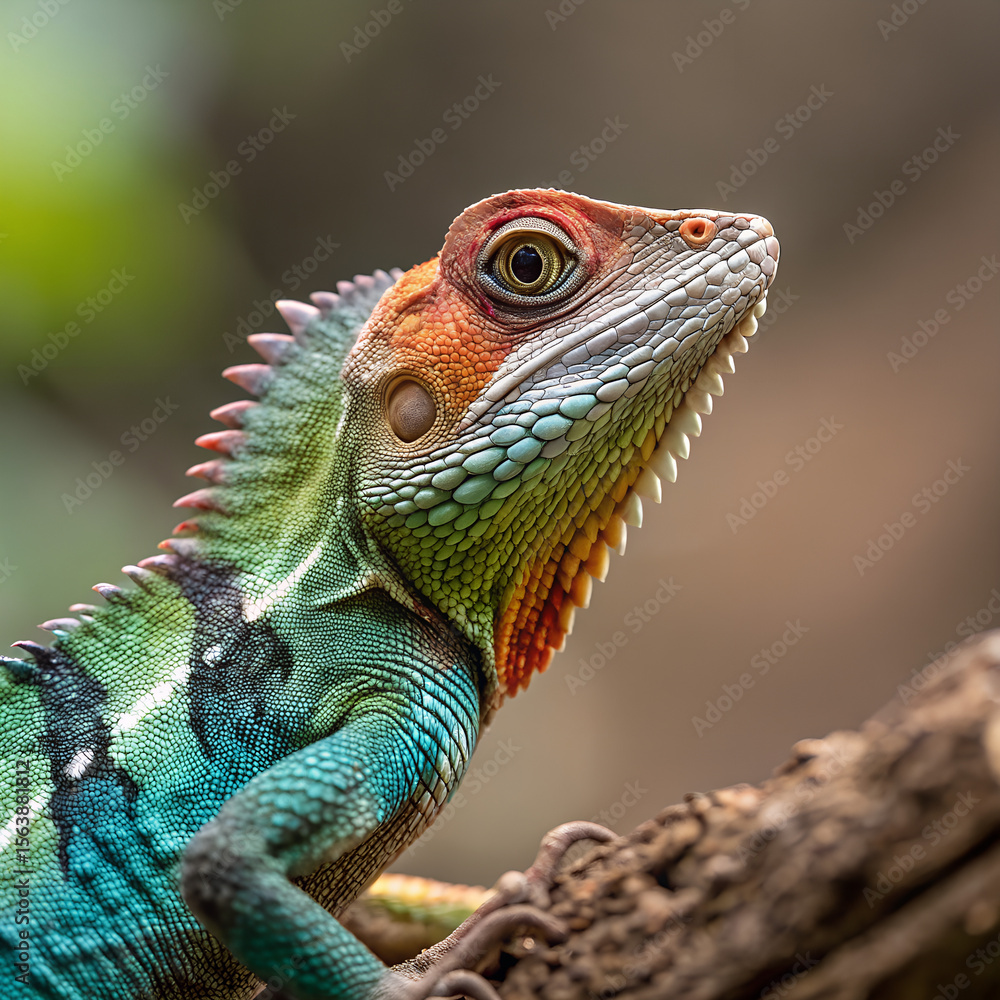 Fototapeta premium A colorful lizard with textured scales and spines perched on a branch