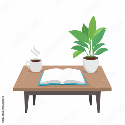 Serene Study Setup: An inviting scene unfolds atop a simple table: a freshly brewed cup of coffee, a lush potted plant, and an open book, capturing a moment of calm and contemplation.
