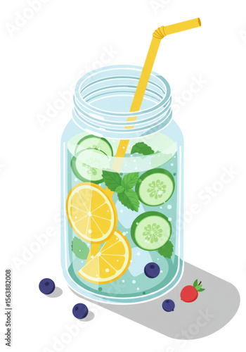 Flat vector illustration on transparent background, stylish jar of detox water with lemon, cucumber and mint slices
