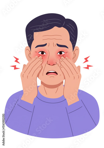 elderly asian man rubbing itchy eyes, red irritated area around eyes. Flat vector illustration on transparent background