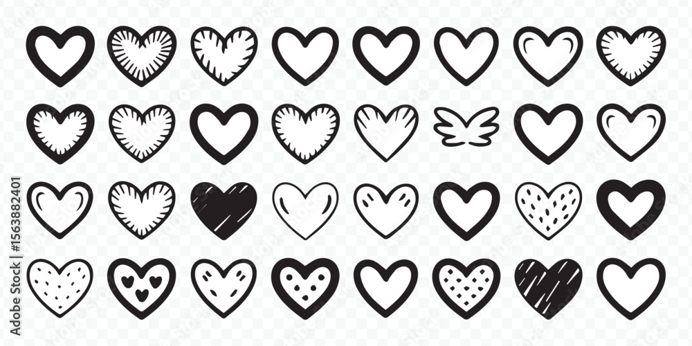 collection of 32 black and white doodle heart vectors for romantic design projects sweetheart's wedding greeting cards collection of 32 black and white doodle heart vectors for romantic design projects sweetheart's wedding greeting cards