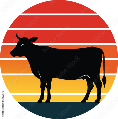 Cow silhouette on retro vintage striped sunset