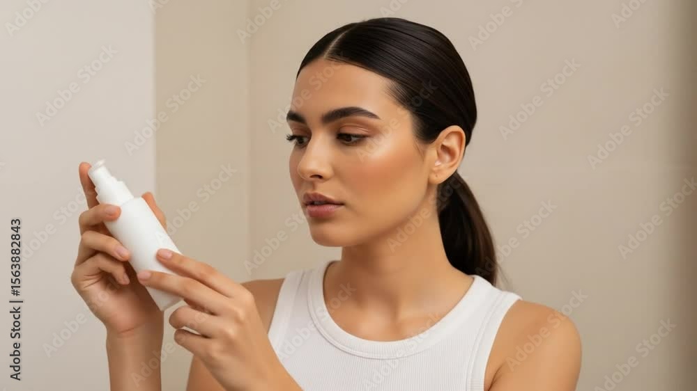 Beautiful young woman with healthy glowing skin holds a blank white cosmetic bottle, examining the product during her daily skincare routine in a minimalist bathroom. Beautiful young woman with healthy glowing skin holds a blank white cosmetic bottle, examining the product during her daily skincare routine in a minimalist bathroom.