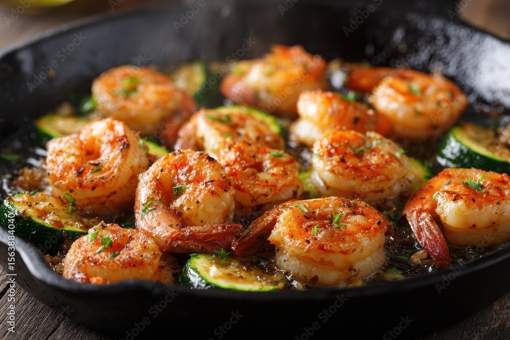 Fototapeta premium Shrimp Skillet. Delicious Garlic Shrimp and Courgette Meal in Iron Frying Pan