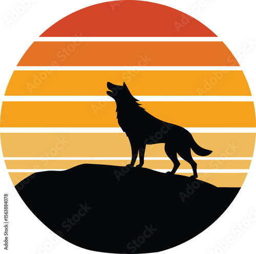 Dog howling on cliff silhouette on retro vintage striped sunset