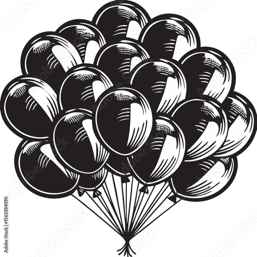 Black balloons bunch with white strings vector