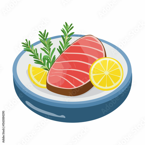 Gourmet Salmon Dish: A delectable illustration of a vibrant salmon fillet elegantly presented on a ceramic plate with fresh lemon wedges and aromatic rosemary sprigs, creating a culinary masterpiece.