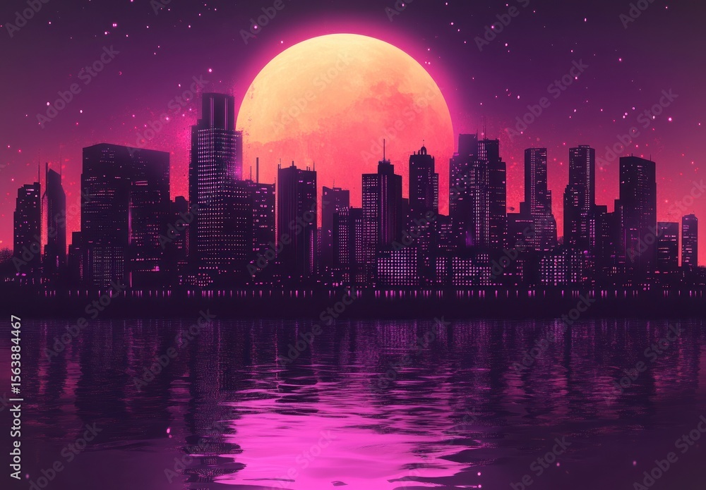 Fototapeta premium Night city skyline, large moon, reflected in water, futuristic city, background