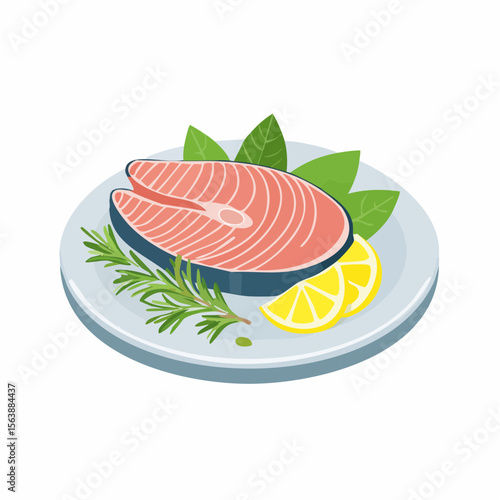 Fresh Salmon Delight: A vibrant illustration showcases a delectable salmon steak, artfully arranged on a plate with fresh lemon and aromatic herbs, promising a culinary delight.