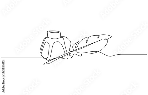 Inkwell and pen continuous line drawing. One line feather with ink vector illustration, Continuous One line drawing of Traditional Quill and Ink. Traditional feather quill with a basic ink bottle.