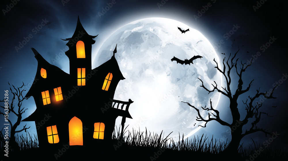 Halloween house. A terrible house on the background of the moon and a flock of bats. Halloween house. A terrible house on the background of the moon and a flock of bats.