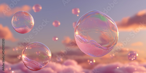Wallpaper Mural Floating Bubbles Amidst Clouds: These ethereal bubbles, glistening and translucent, drift serenely amidst soft, pink clouds, evoking a sense of dreams and imagination. Torontodigital.ca
