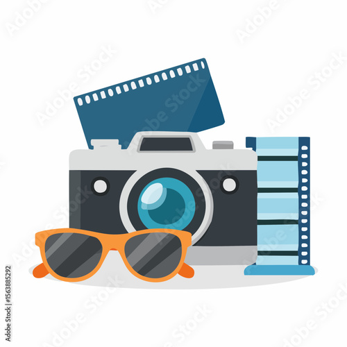 Camera, Film, Sunglasses: A stylish flat lay composition featuring a classic camera, a roll of film, and a pair of sunglasses, evocative of summer adventures and cherished memories. 