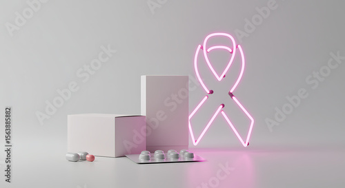 Breast cancer awareness concept with neon pink ribbon, pills, and medical treatment boxes