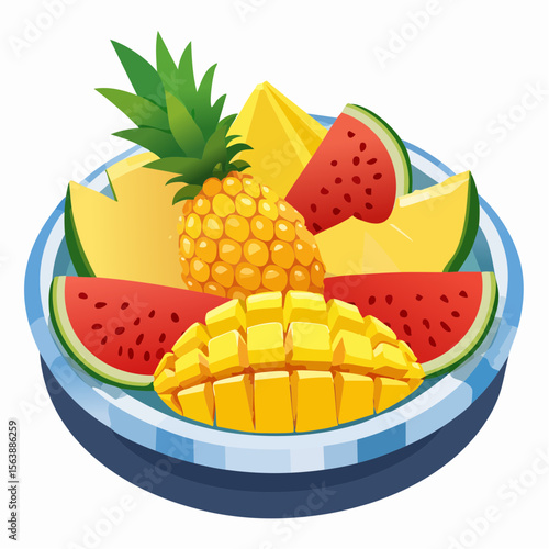 Tropical Fruit Platter: A vibrant illustration showcases a colorful assortment of tropical fruits arranged on a decorative platter, evoking a sense of freshness and exotic flavor.