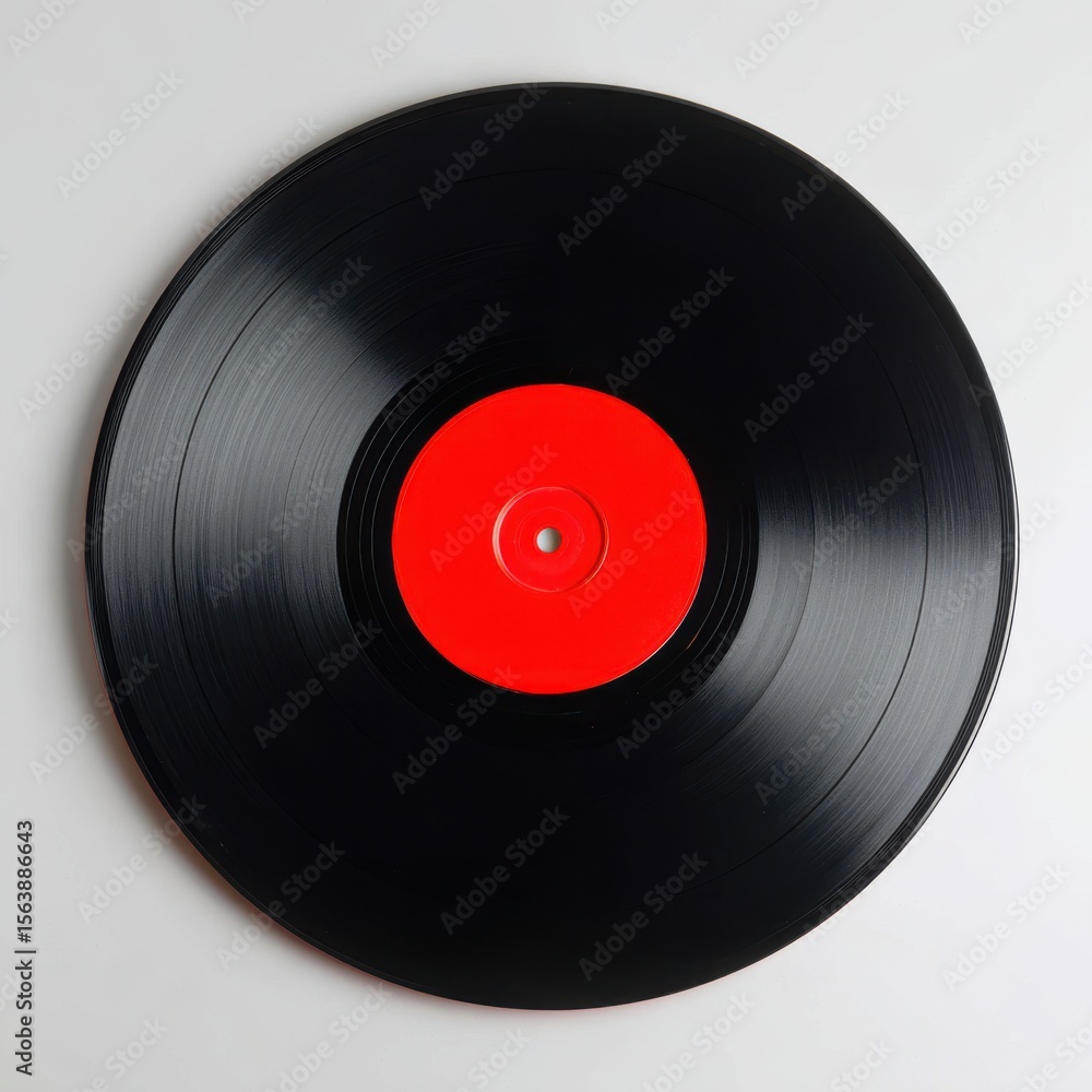 Fototapeta premium A black vinyl record with a bright red label centered on a white background