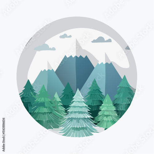 Serene Mountainous Landscape: A meticulously crafted illustration of a serene mountain landscape, featuring majestic peaks, verdant evergreens.