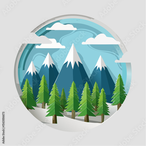 Snowy Mountain Range in Paper Art Style