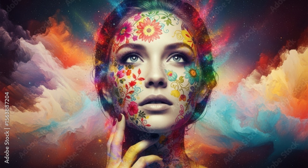 Fototapeta premium Vibrant Cosmic Portrait of a Woman Adorned with Colorful Floral Patterns Amidst Nebulae