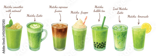 Set of 7 watercolor matcha drinks including: smoothie, latte, espresso fusion, frappe, bubble tea, iced matcha latte and lemonade. Vectors isolated on white background.