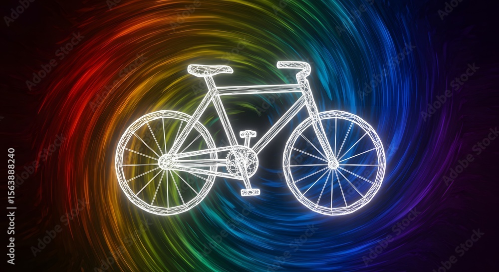 Fototapeta premium Luminous Wireframe Bicycle on Swirling Rainbow Background, Modern Art