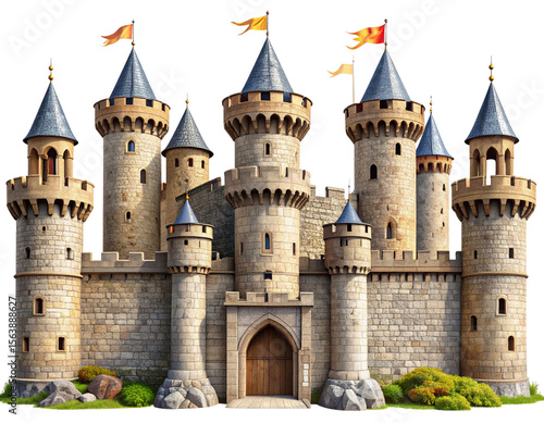  Historic Medieval Fortress with Defensive Walls and Flag-Topped Watchtowers, isolated on transparent background.