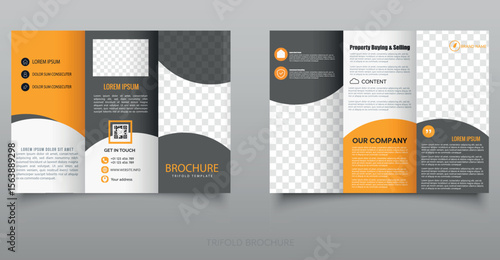 Modern Business Trifold Brochure Template Clean and professional trifold brochure template in white, orange, and black colors, perfect for corporate, real estate, or agency promotions.