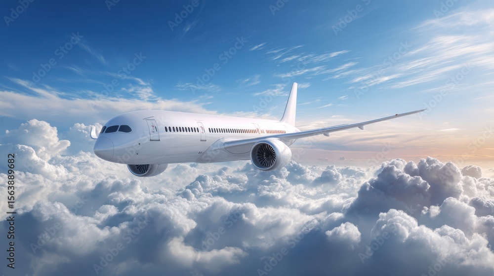 Fototapeta premium Modern white airplane soaring above a sea of fluffy clouds at sunset
