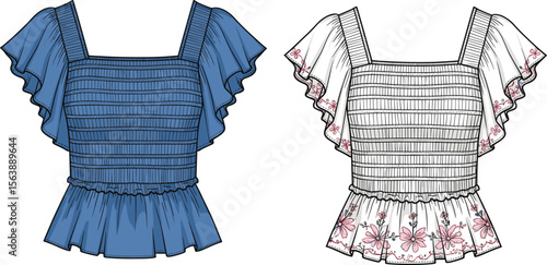 Stylish women’s ruffle sleeve tops, smocked bodice blouse design, square neck detail, floral embroidery accents, fashion CAD sketch, elegant summer wear illustration.