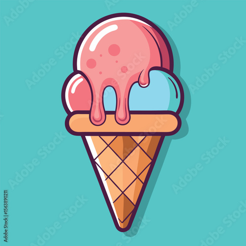 Sweet Refreshing Two Scoop Ice Cream Cone with Strawberry and Blue Flavor Melting Deliciously on a Bright Blue Background Perfect for Summer Treats