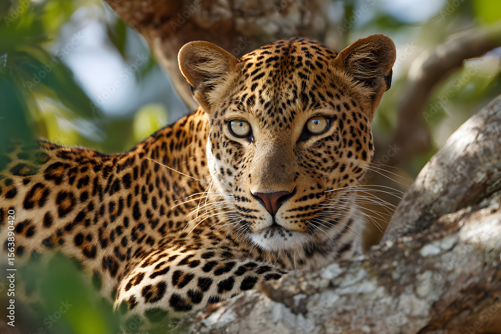 Naklejka premium Leopard on a branch of a large tree in the wild habitat during the day about sunlight