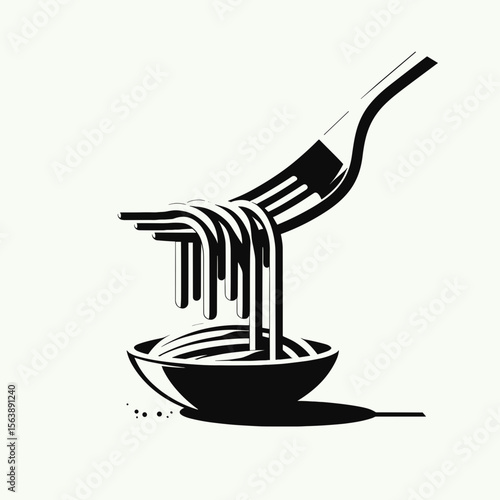 Fork lifting spaghetti from bowl in black and white illustration  