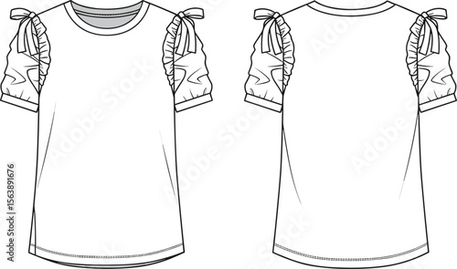 Women's short sleeve top flat sketch, gathered sleeve with bow detail, basic round neck t-shirt design, casual fashion CAD drawing for clothing template.