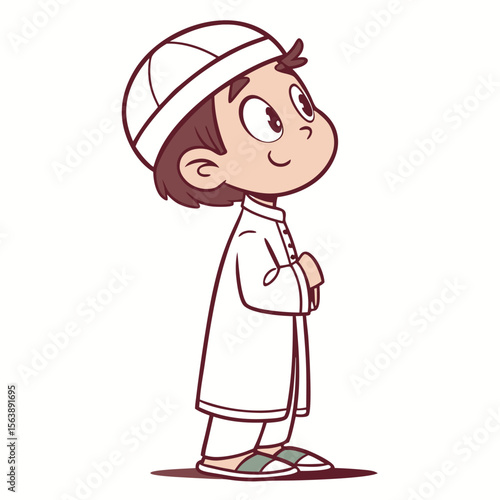 Young boy in prayerful pose, wearing traditional clothing