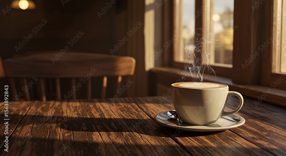 Fototapeta premium Warm Morning Coffee Sunlight Streaming Through Window in Cozy Cafe