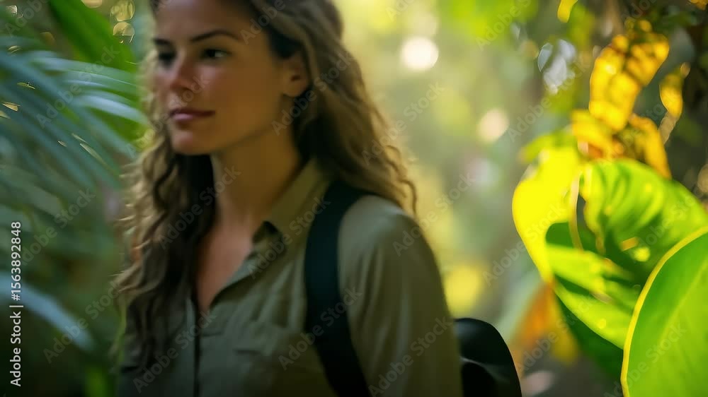 Female Explorer in Tropical Rainforest Under Sunlight Female Explorer in Tropical Rainforest Under Sunlight