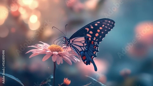 A vibrant butterfly delicately perched on a pink flower, bathed in soft, warm light