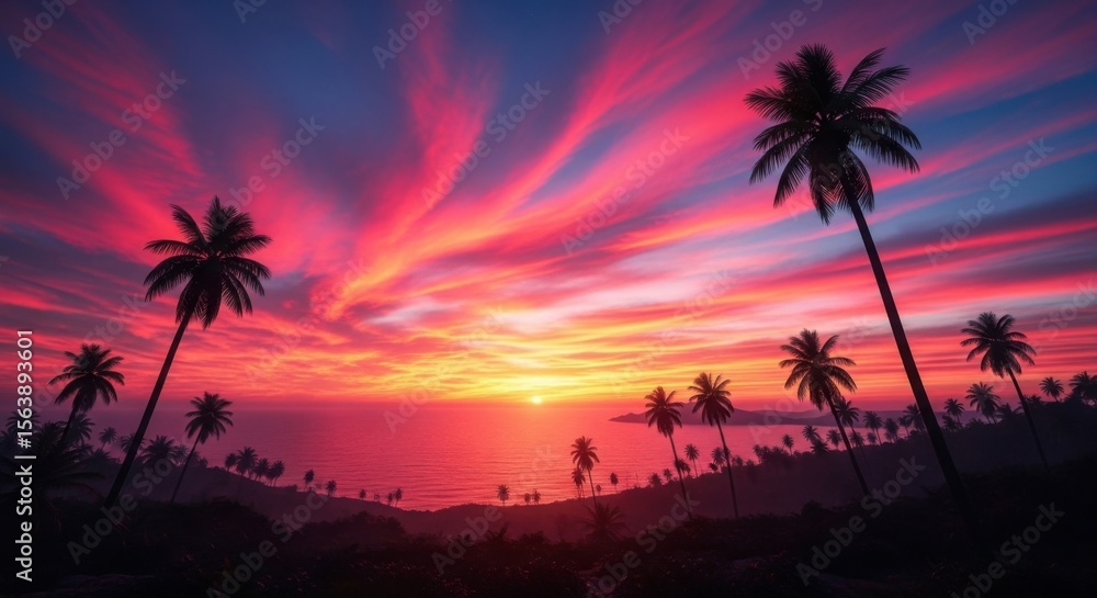 Obraz premium Spectacular Sunset Over a Tropical Paradise With Silhouetted Palm Trees