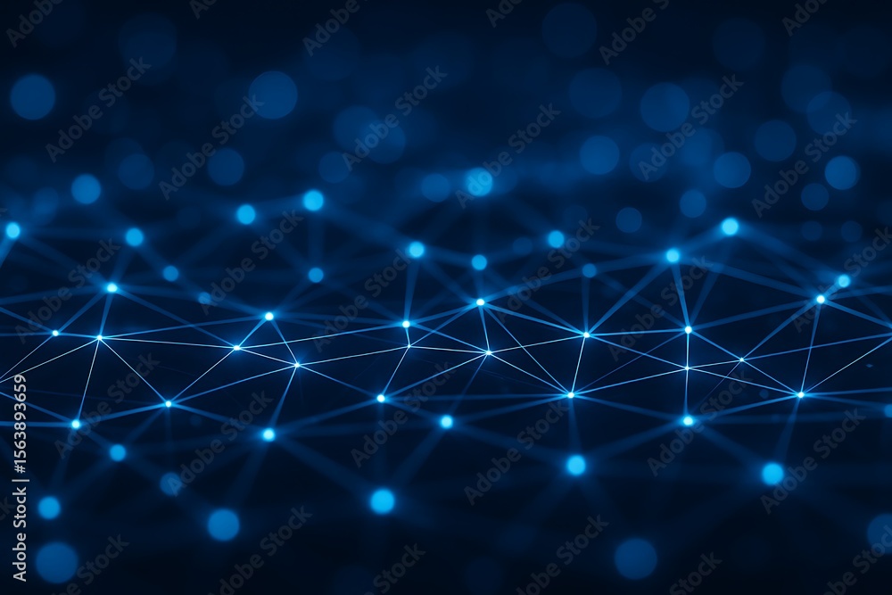 Abstract blue network of glowing nodes and lines with bokeh background Abstract blue network of glowing nodes and lines with bokeh background