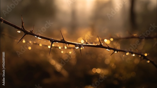 A thorny branch glistens with dew drops at sunrise, catching golden light that makes each droplet sparkle. The background blurs into forest haze, adding depth and serenity