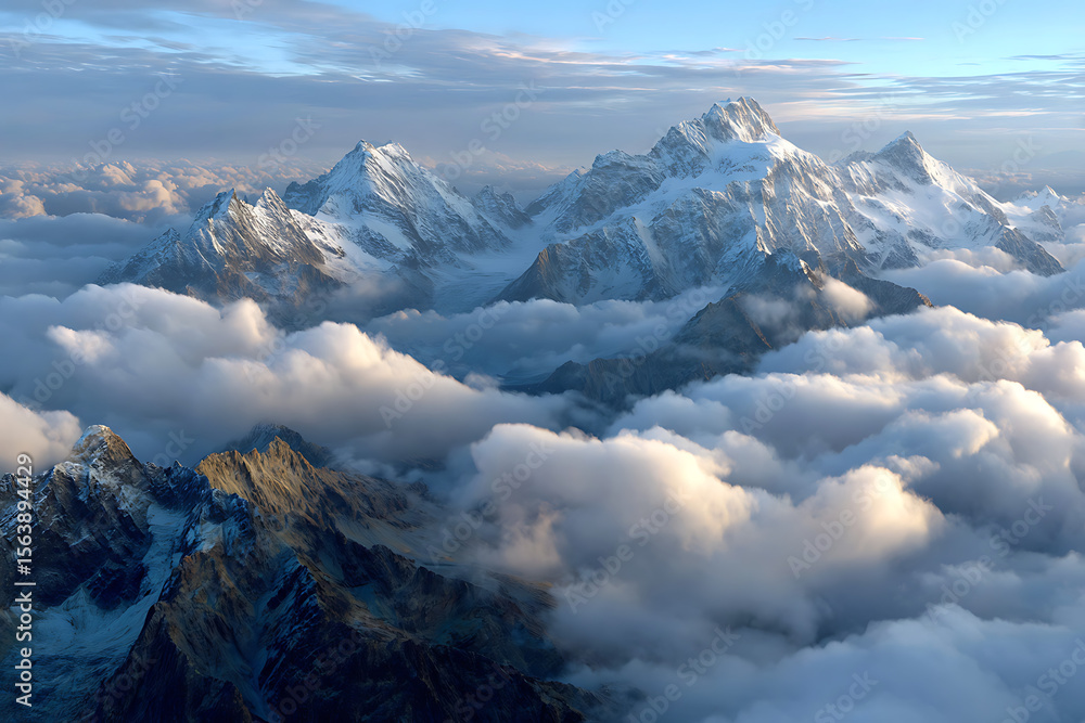 Obraz premium Majestic snow capped peaks emerge from soft clouds under a clear sky mountains