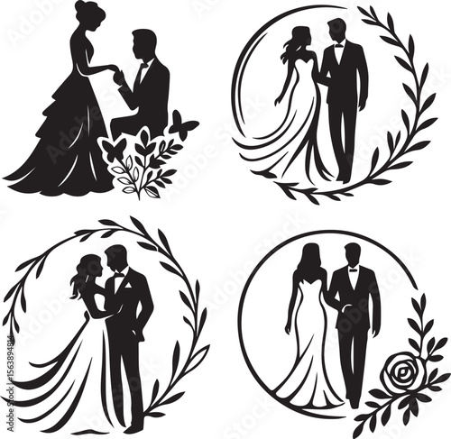 Wedding Silhouette Couples in Floral Wreaths
