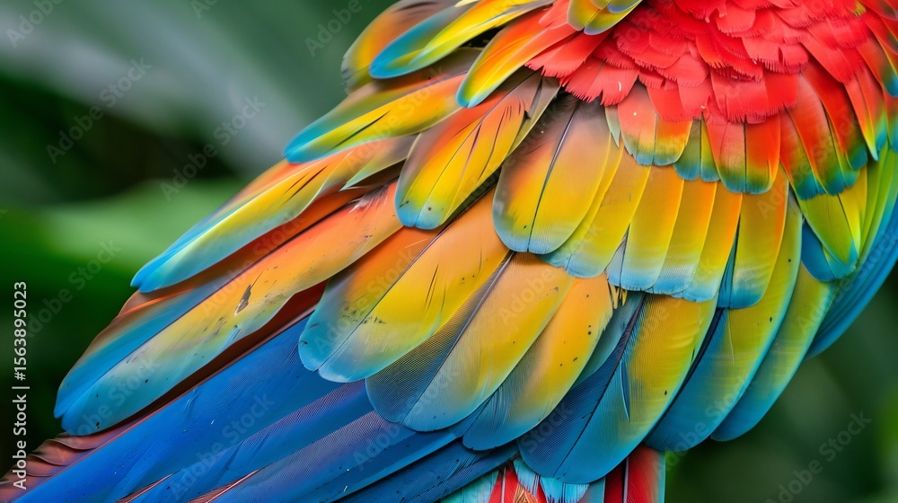 Fototapeta premium Close up of macaw feathers in natural habitat, vibrant color contrast against rainforest greens, 2025 trend wildlife detail shot